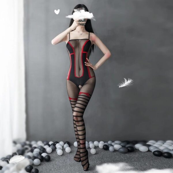 Karis In Paris Sexy Body Sock Lingerie - black full body body with red, pure transparency and delicacy