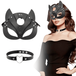 Black Leather Fox Mask & Leather Collar