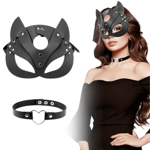Black Leather Fox Mask & Leather Collar